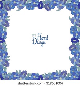 Vector Square Floral  Frame. Hand Drawn Blue Wildflowers Border On White Background. Good For Web, Print, Invitations, Greeting and Save The Date Cards.