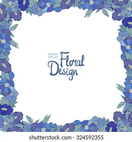 Vector Square Floral  Frame. Hand Drawn Blue Wildflowers Border On White Background. Good For Web, Print, Invitations, Greeting and Save The Date Cards.