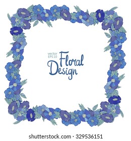 Vector Square Floral  Frame. Hand Drawn Blue Wildflowers Border On White Background. Good For Web, Print, Invitations, Greeting and Save The Date Cards.