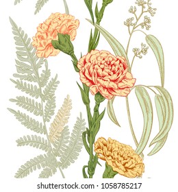 Vector square floral seamless pattern with carnation - red, pink, yellow flowers; green leaves - fern, eucalyptus; on white background, digital draw botanical sketch illustration, vintage, vector