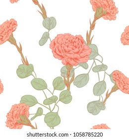 Vector square floral seamless pattern with carnation - red, pink, yellow flowers; green leaves - fern, eucalyptus; on white background, digital draw botanical sketch illustration, vintage, vector