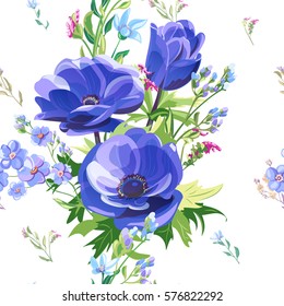 Vector square floral seamless pattern with blue poppy, pink, red flowers: forget-me-not, tweedia, stems and leaves on white background, digital draw, decorative illustration, surface design