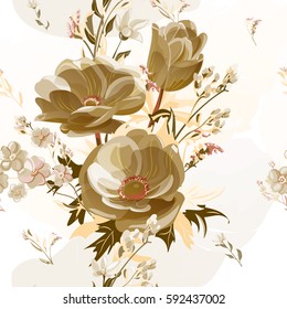 Vector square floral seamless pattern with brown flowers, beige anemone, forget-me-not, stems and leaves on colorful watercolor background, digital draw, botanical illustration, surface design