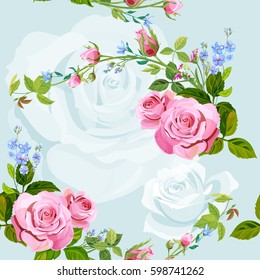 Vector square floral seamless pattern with branch curly pink rose, bouquet with blue flowers forget-me-not, buds, green stems, leaves on blue background, digital draw illustration, vintage, vector