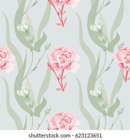 Vector square floral seamless pattern with carnation, red flowers, buds, curly branch, green stems, leaves on gray-green background, digital draw illustration, vintage