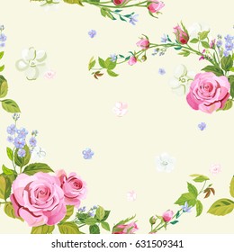 Vector square floral seamless pattern, curly pink rose, spring blossom, bouquet blue flowers forget-me-not, green leaves on pale background, illustration for fabric, wallpaper, wrapping, vintage