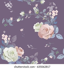 Vector Square Floral Seamless Pattern, Branch White, Pink Rose, Bouquet Garden Flowers, Buds, Leaves On Purple Background, Illustration For Fabric, Wallpaper, Wrapping, Pastel Colored, Vintage