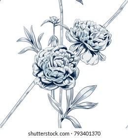 Vector square floral seamless pattern with dark blue monochrome peony flowers, bud, stems, leaves on vintage background, digital draw illustration in engraving style, sketch, vector