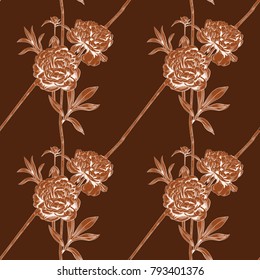 Vector square floral seamless pattern with white monochrome peony flowers, bud, stems, leaves on brown background, digital draw illustration in engraving vintage style, sketch, vector