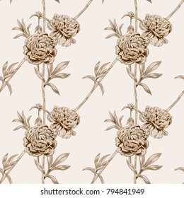 Vector square floral seamless pattern with brown (sepia) monochrome peony flowers, bud, stems, leaves on vintage background, digital draw illustration in engraving style, vector
