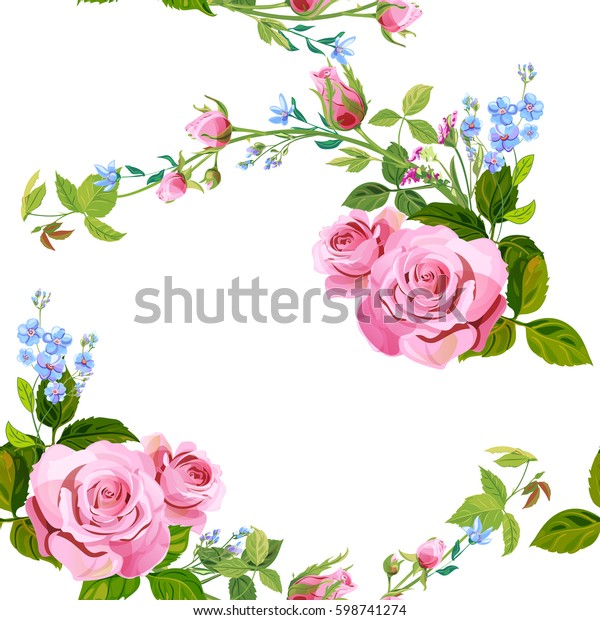 白い背景にベクター正方形の花柄のシームレスなパターンと枝の中の縮れたピンクのバラ 青い花のブーケ Forget Me Not つぼみ 緑の茎 葉 デジタルドローイラスト ビンテージ ベクター画像 のベクター画像素材 ロイヤリティフリー