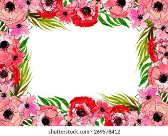 Vector  Square Floral Watercolor Frame. Red Poppy Flowers and Leaves Border Isolated On White Background. Good For Web, Print, Invitations, Greeting and Save The Date Cards.