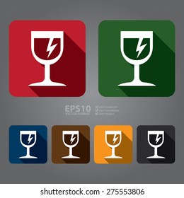 Vector : Square Fragile, Broken Wine Glass Flat Long Shadow Style Icon, Label, Sticker, Sign or Banner