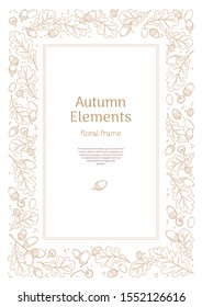 Vector square frame with autumn oak leaves, acorns. Pattern in line art style, isolated. Outline, linear vintage drawing botanical  illustration. Autumnal leaves, elements for design template