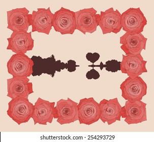 Vector square frame with beautiful roses. Silhouette of romantic landscape with tree in shape of heart. Can be used as postcard, illustration