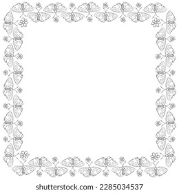 Vector square frame, border from contoured cute butterflys and flowers in doodle style. Simple background, decoration of topic of spring, summer, holiday postcard, coloring page, kids or nature design