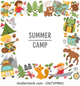 Vector square frame or border with cute comic forest animals, elements and children doing summer camp activities. Card template design with kids on holidays for banners, posters, invitations. 
