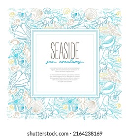 Vector square frame, border of line art tropical sea elements, seashells, starfish. Doodles of marine life. Sea decor for scrapbook, card, decoration, design. Ocean, sea creatures. Maritime