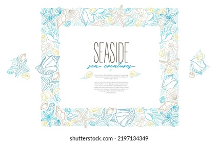 Vector square frame, border of line art tropical sea elements, seashells, starfish. A4 page size. Doodles of marine life. Sea decor for card, decoration, design. Ocean, sea, maritime illustration