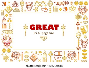 Vector square frame, border with outline symbols of the Tiger Zodiac sign, Symbol of 2022 on the Chinese Lunar calendar. Chinese design, elements on white background. Chinese translation: Tiger