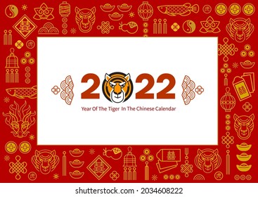 Vector square frame, border with outline symbols of the Tiger Zodiac sign, Symbol of 2022 on the Chinese Lunar calendar. Chinese design, gold elements on a red background. Chinese translation: Tiger