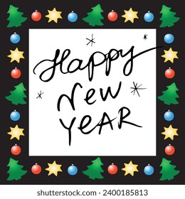 Vector square frame of color Christmas trees, tree balls, stars in flat style. Happy New Year lettering. Festive background, border for winter holidays decor, greeting cards