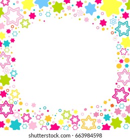 Vector square frame with colored stars on the white background, sparkles Colored confetti symbols - star glitter, stellar flare. Flat style for decorating your design