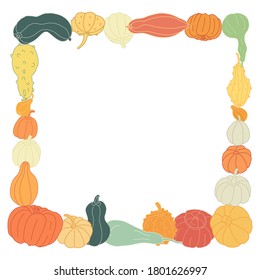 Vector square frame with colorful squashes and gourds isolated on white background. Autumn farming garden theme. Different varieties of pumpkins. Great template for cards, flyers, autumn events.