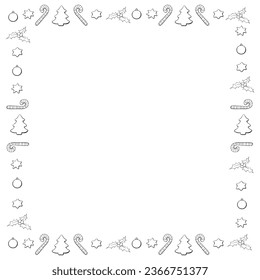 Vector square frame of contour festive Christmas symbols in doodle style. New year Xmas background, border for winter holidays decor, greeting cards