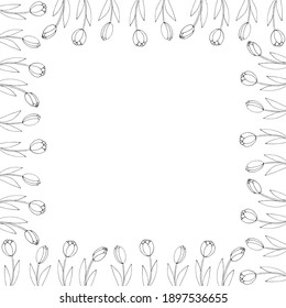 Vector square frame of contoured tulip flowers growing along edge. Hand drawn doodle isolated. Background, border, decoration for greeting card, Valentine's, Women's or Mother day, coloring pages