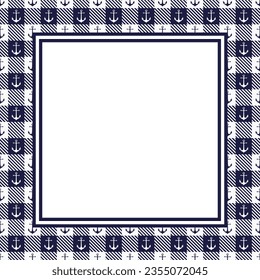 Vector square frame with copy space. Anchors on lumberjack plaid background in blue and white colors.