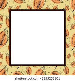 Vector square frame with copy space. Black hand drawn sketched autumn leaves upon abstract shapes of orange, black and beige colors.