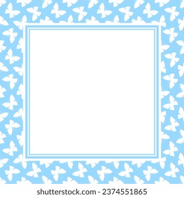 Vector square frame with copy space. White butterflies on blue background.