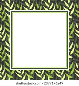 Vector square frame with copy space. Green leaves on gray background.