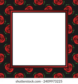 Vector square frame with copy space. Red gradient rose flowers and green leves on black background.