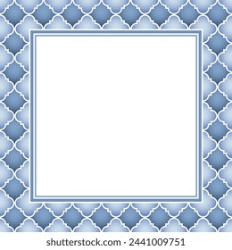Vector square frame with copy space. White and blue abstract geometry moroccan mosaic texture. 