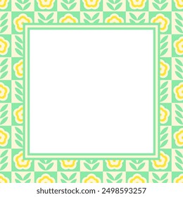 Vector square frame with copy space. Yellow and white flowers, green leaves on checkered background.