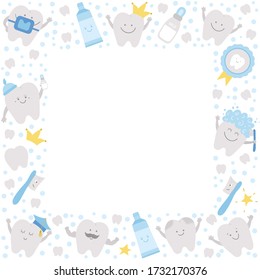 Vector square frame with cute teeth. Card template with kawaii funny smiling toothbrush, baby, molar, toothpaste, tooth. Funny dental care picture for kids framed in circle
