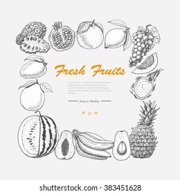Vector square frame of exotic fruits. Vector  illustration for your design