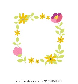 Vector square frame with floral cute ornament of blooming flowers and fresh green leaves. Isolated on white background