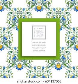 Vector square frame. Floral pattern with fantasy flowers. Place for your text.