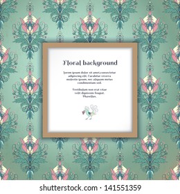 Vector square frame. Floral vintage pattern. Beautiful fantasy flowers with leaves and berries. Decorative bird pecks berries. Perfect for greetings, invitations or announcements