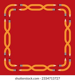 Vector a square frame formed by intertwined pencils. Red background