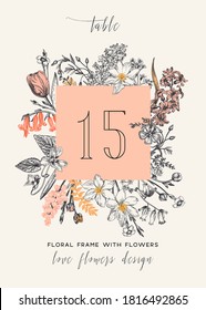 Vector square frame. Garden and meadow flowers. Engraving. Botanical illustration.