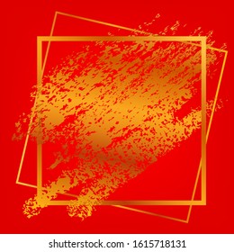 Vector Square Frame and Golden Crayon Streak for Lunar Related Element Design at Gradient Red Background
