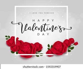 Vector square frame with golden lettering, red rose flowers and leaves on white. For wedding romantic postcard, valentine design, greeting card, 