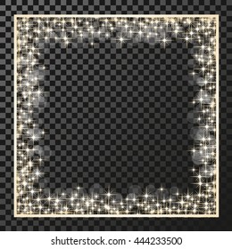 Vector square frame with golden stars on the transparency background, sparkles golden symbols  - star glitter, stellar flare, shining reflections.