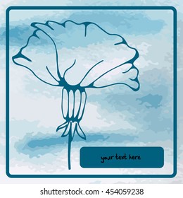 Vector square frame with a graphic image of a flower. Watercolor abstract background with the image of the sky. Handmade. There is a place for your text. For nature lovers.