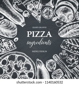 Vector square frame with hand drawn  pizza ingradients sketches. Vintage menu, card, invitation, flyer or packaging design template. Top view fast food illustration. 