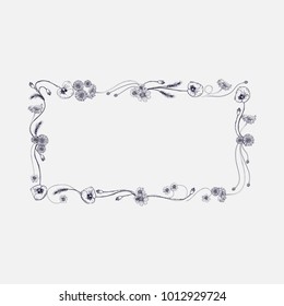 Vector square frame with hand painted vector leaves and flowers. Romantic design elements